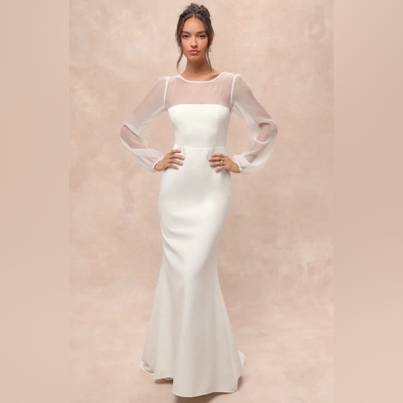 Lulu's Immaculate Romance White Sheer Long Sleeve Bridal Gown
